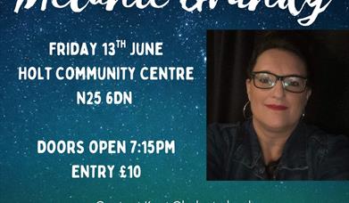 Mystical background with a photo of Melanie and details of the event.