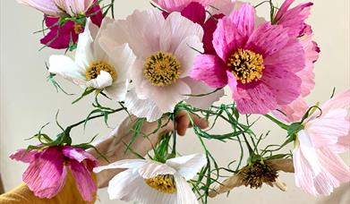A hand holds a bunch of bright and light pink, and white, cosmos flowers. These are all made from paper.
