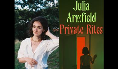 A portrait photo of author Julia Armfield looking into the camera next to a copy of her novel Private Rites