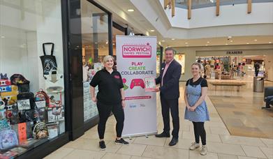 Paul McCarthy, general manager at Chantry Place, with Ellie Buchan and Millie Batch from Norwich Games Festival/The Forum.