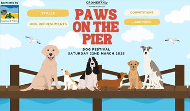 Poster for "Paws on the Pier" dog festival on March 22, 2025, featuring illustrated dogs on a pier with text about stalls, competitions, and refreshme