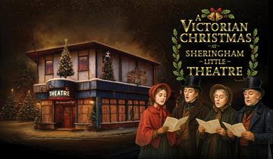 Illustration of four Victorian carolers singing outside a decorated theater building with Christmas trees, promoting "A Victorian Christmas at Shering