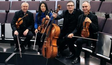 Four people holding string instruments while sitting on the seats of an empty venue.