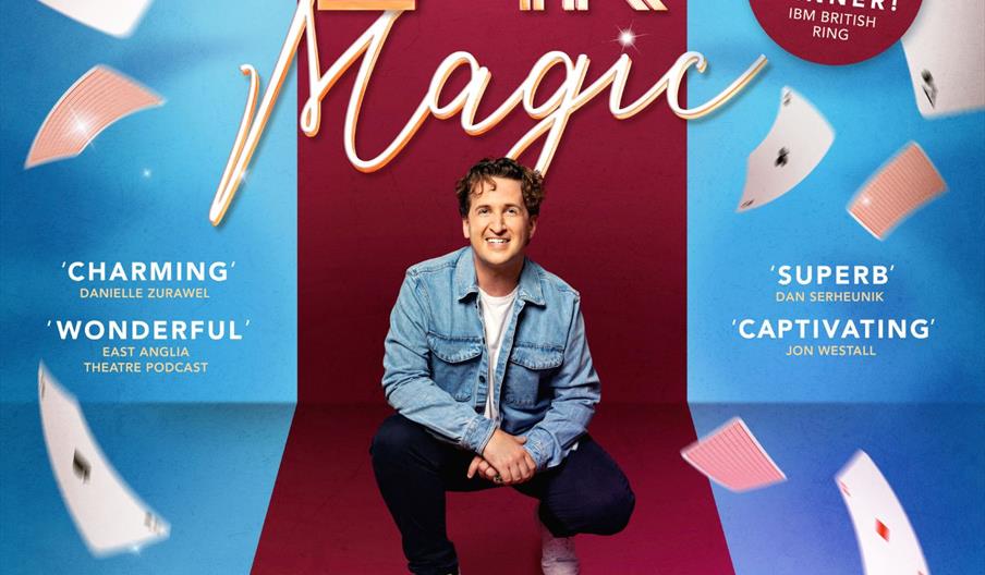 Poster of Danny Lee Grew's 24K Magic show. Danny is in the middle surrounded by playing cards and testimonials. At the bottom are details of his show