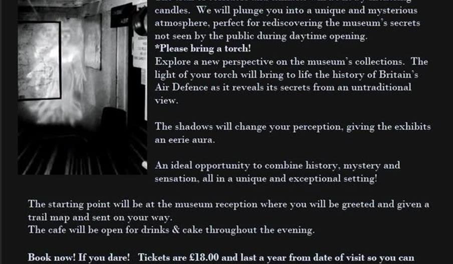 advert for museum by torchlight, showing a projection of a ghostly figure inside a room at the museum