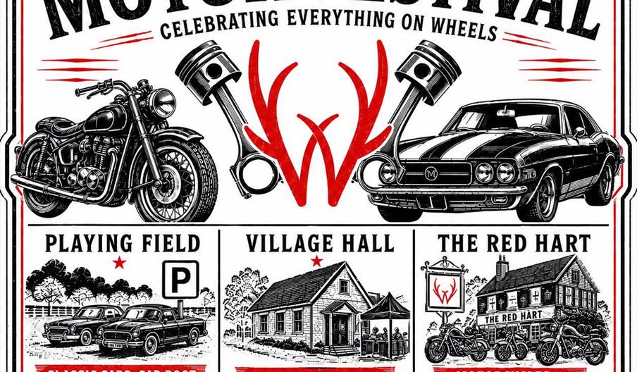 Shield design showing cars, bikes and a hall.  Text gives details of the festival.