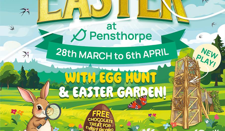 Colourful illustrated poster promoting "Easter at Pensthorpe," taking place from 28th March to 6th April. The design features a large gold "Easter" ti
