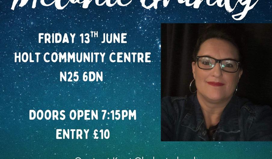 Mystical background with a photo of Melanie and details of the event.