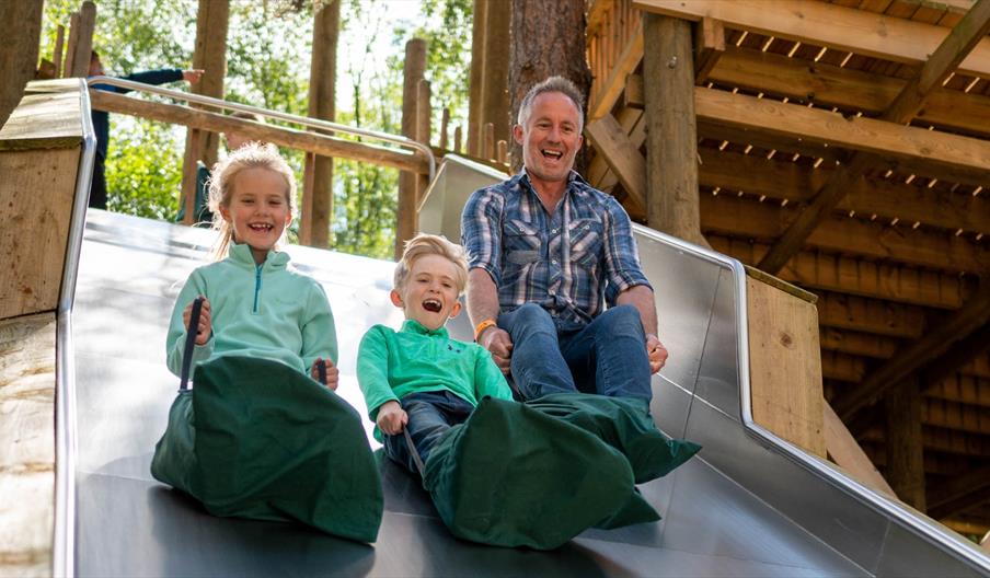 Dad and two children going down slide