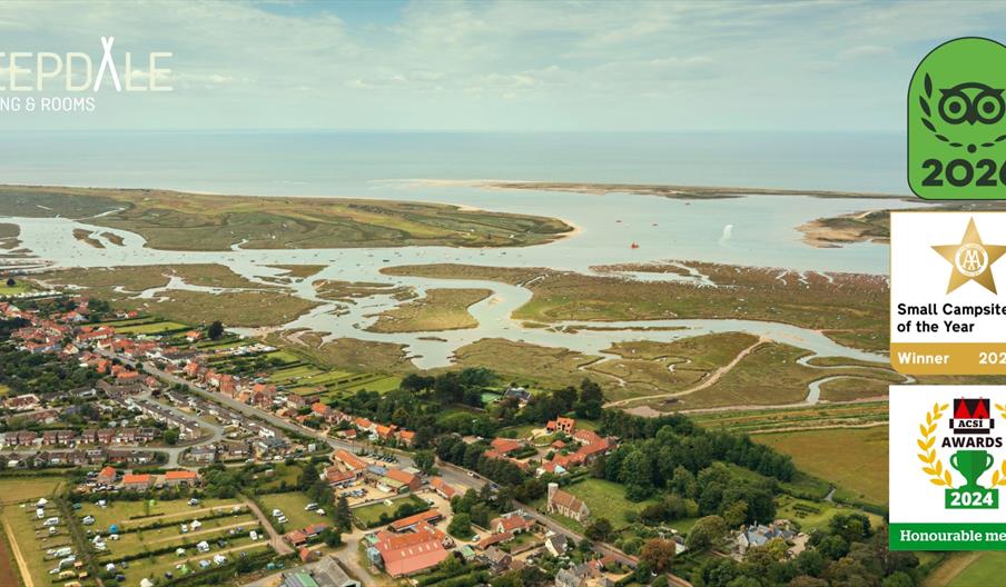 View over Deepdale Camping & Rooms towards Brancaster Staithe harbour and Scolt Head Island on the beautiful North Norfolk Coast