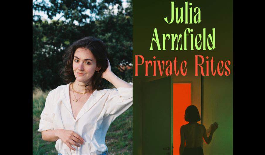 A portrait photo of author Julia Armfield looking into the camera next to a copy of her novel Private Rites