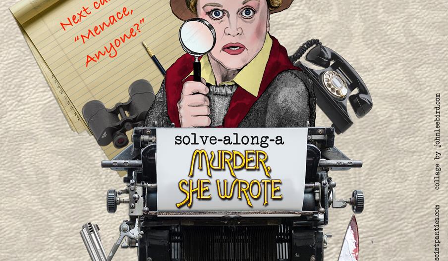 Graphic for 'Solve-Along-A - Murder - She - Wrote' featuring Jessica Fletcher with detective props and the text 'Next case: Menace, Anyone?'