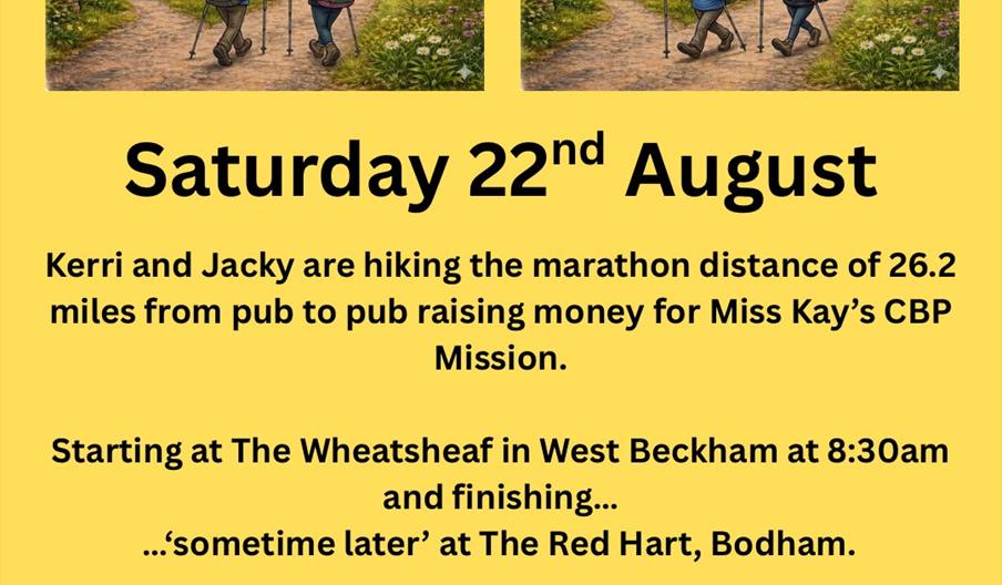 Yellow poster showing an AI cartoon image of two women hiking between two pubs.  Black text detailing the event information.