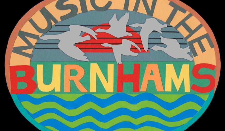 Logo for Music in the Burnhams Festival Week featuring images of birds flying over a seaside sunset.