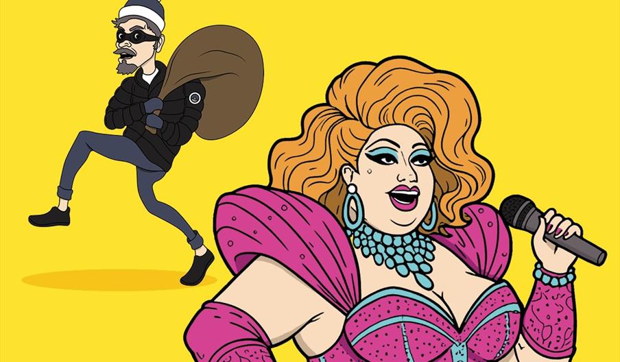 An illustrated image of a colourful pantomime dame singing, whilst an illustration of a burglar sneaks behind her back