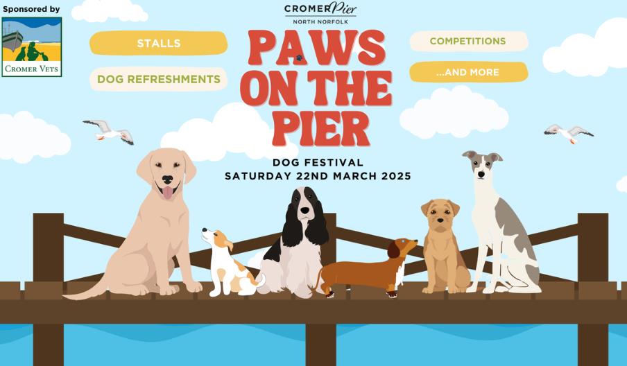 Poster for "Paws on the Pier" dog festival on March 22, 2025, featuring illustrated dogs on a pier with text about stalls, competitions, and refreshme