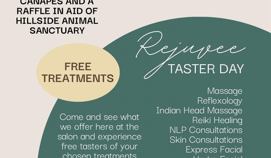 Green and beige poster showing the event details and the Rejuvee logo