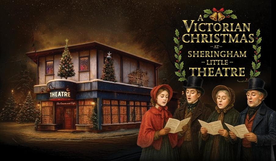 Illustration of four Victorian carolers singing outside a decorated theater building with Christmas trees, promoting "A Victorian Christmas at Shering