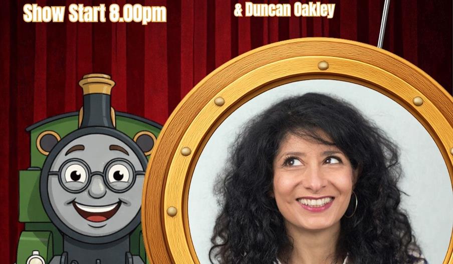 Stand-up comedy poster for Shappi Khorsandi at Holt Auden Theatre with event details and QR code.