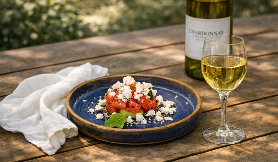 Lime and Mint cured Watermelon with glass of white wine