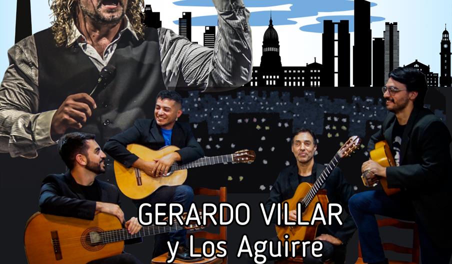 Poster showing singer Martin Alvarado and four guitarists