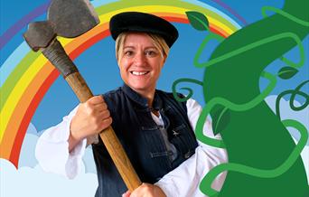 Jack stands proudly holding an axe, with a giant green beanstalk next to him