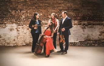 An image of Aestus Quartet against a backdrop of a brick wall. The two violinists and viola player are standing, holding their instruments, and the ce