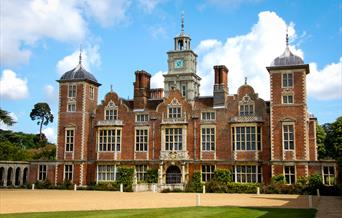The exterior frontage of Blickling Hall, a Jacobean house.