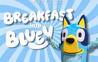 Bluey Character with wording 'Breakfast with Bluey'