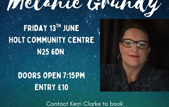 Mystical background with a photo of Melanie and details of the event.