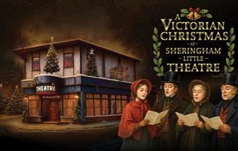 Illustration of four Victorian carolers singing outside a decorated theater building with Christmas trees, promoting "A Victorian Christmas at Shering