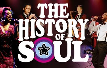 Soul musicians playing instruments  with white text reading The History of Soul