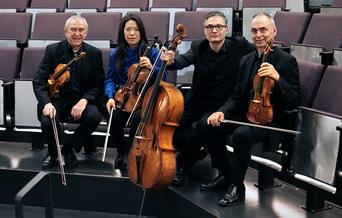 Four people holding string instruments while sitting on the seats of an empty venue.
