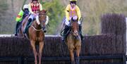 Horses negotiating one of the larger jumps in a Chase race at Fakenham Racecourse