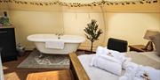 Stargazer Bell Tent Interior with Freestanding Bath at Deer's Glade