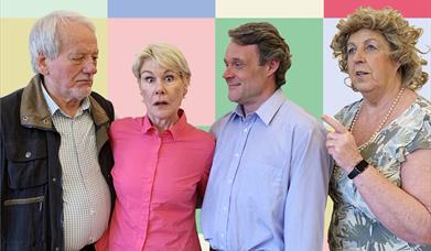 A younger woman looks shocked as she is surrounded by an older gentleman to her left and a smitten younger man to her right. On the far right, an olde