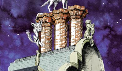 Illustration of young wolves climbing on the roof of Felbrigg Hall, by Natalie Scurll