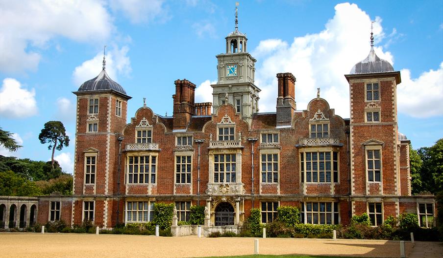 The exterior frontage of Blickling Hall, a Jacobean house.