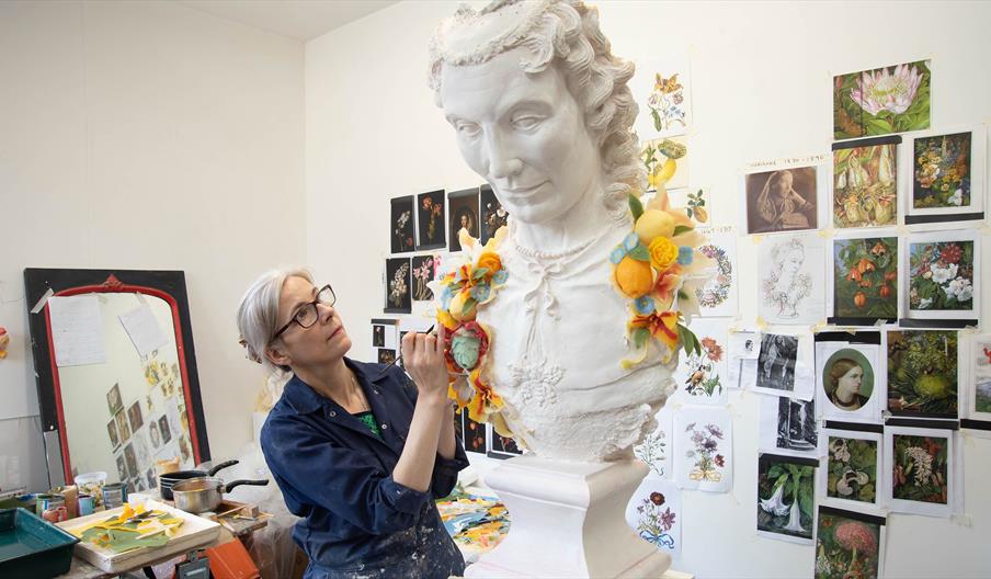 Artist Rebecca Stevenson in her studio working on sculpture 'Inspired by Nature: Mary, Maria, Marianne' Artist Rebecca Stevenson in her studio working on sculpture 'Inspired by Nature: Mary, Maria, Marianne'