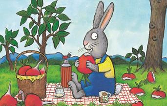 Ruby the rabbit eating a radish, illustrated by Axel Scheffler.