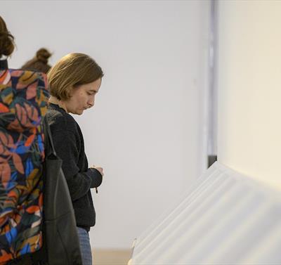 woman looking at an art exhibition