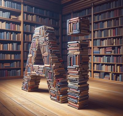 An AI generated image of the letters 'AI' amde out of books standing in front of a bookcase.