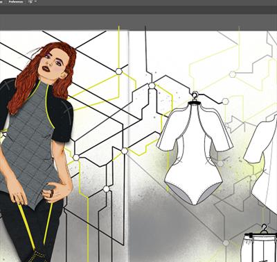 Image shows a woman with clothes which have been custom made on Adobe Illustrator