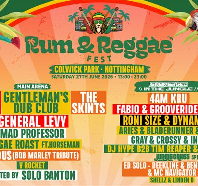 A graphic of the Rum & Reggae Festival listing the line-up