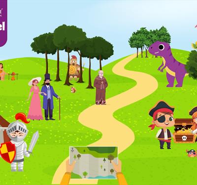 Cartoon style image showing various historical characters within Rufford Park.