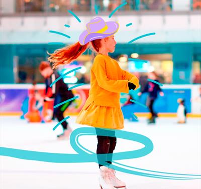 Photo of a young girl ice skating with a graphic of a cowboy hat overlayed