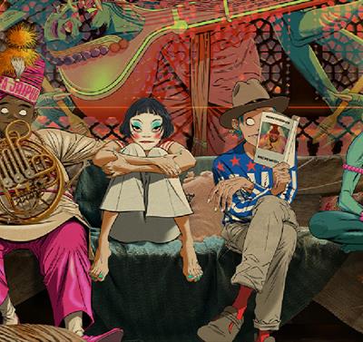Artwork featuring the four virtual members of the band Gorillaz
