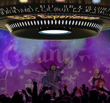 A large electric light photoshopped over an image of a stage