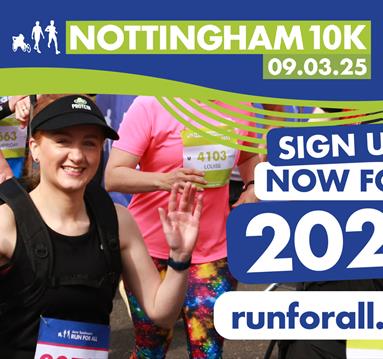 Graphic for the event with a photo of a smiling woman participating in a running event