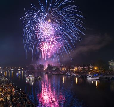 A display of fireworks in the night sky over the river at Victoria Embankment, crow are watching them go up.